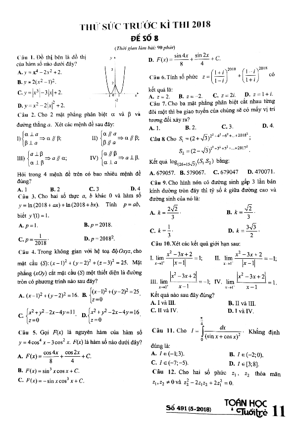 đề thi thử môn toán 2018 thpt quốc gia – tạp chí toán học tuổi trẻ lần 8
