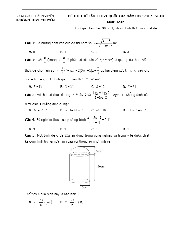 đề thi thử môn toán 2018 thpt quốc gia trường thpt chuyên thái nguyên lần 1