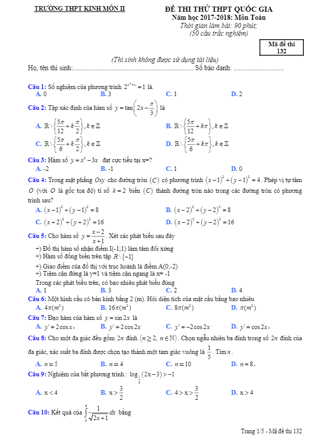 đề thi thử môn toán 2018 thpt quốc gia trường thpt kinh môn 2 – hải dương