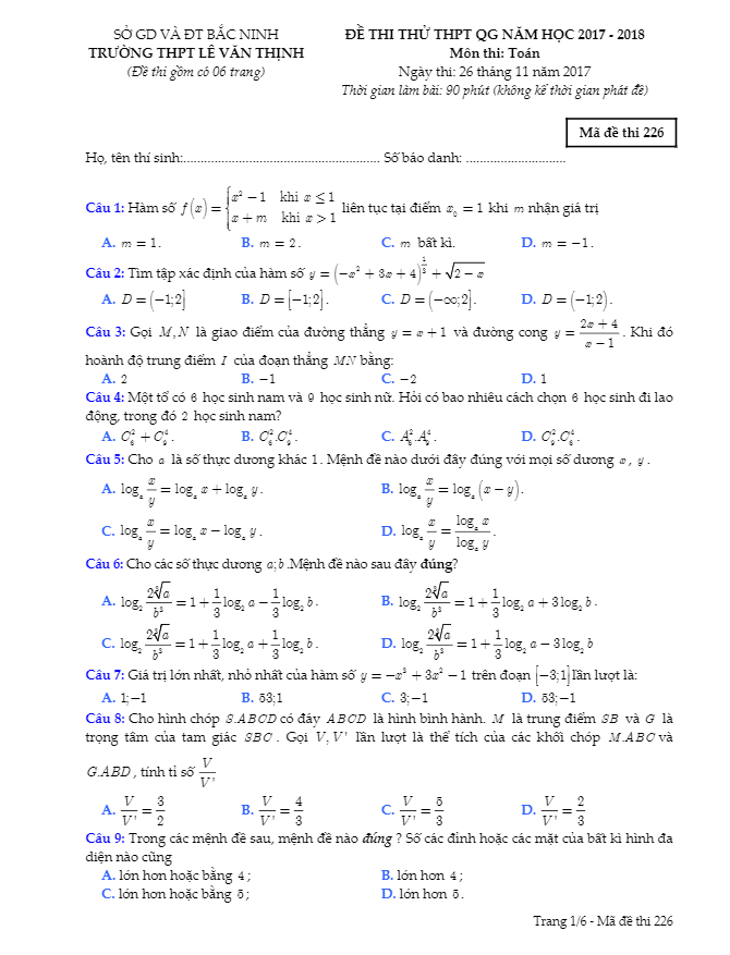 đề thi thử môn toán 2018 thpt quốc gia trường thpt lê văn thịnh – bắc ninh