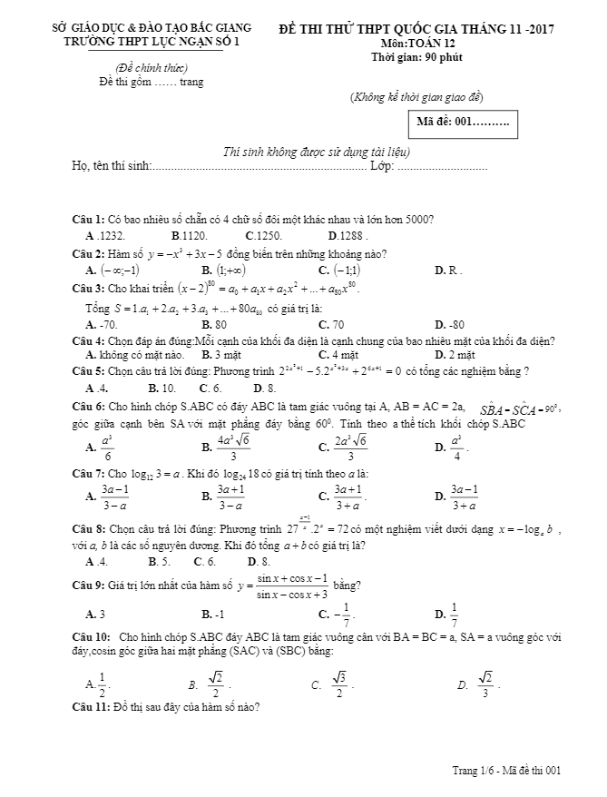đề thi thử môn toán 2018 thpt quốc gia trường thpt lục ngạn 1 – bắc giang