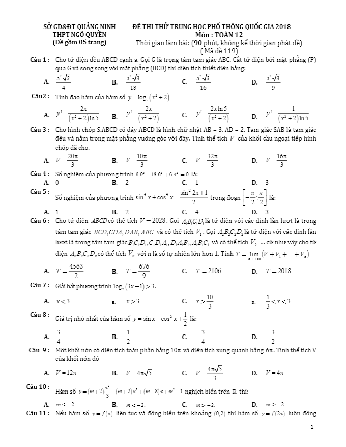 đề thi thử môn toán 2018 thpt quốc gia trường thpt ngô quyền – quảng ninh