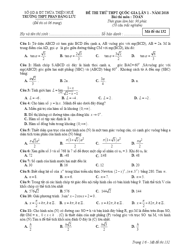 đề thi thử môn toán 2018 thpt quốc gia trường thpt phan đăng lưu – tt. huế lần 1