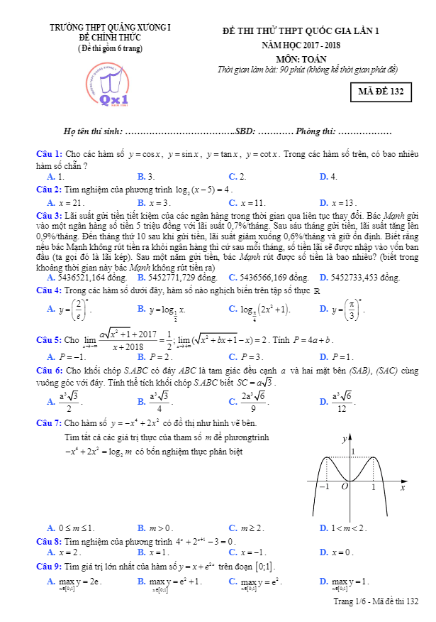 đề thi thử môn toán 2018 thpt quốc gia trường thpt quảng xương 1 – thanh hóa lần 1