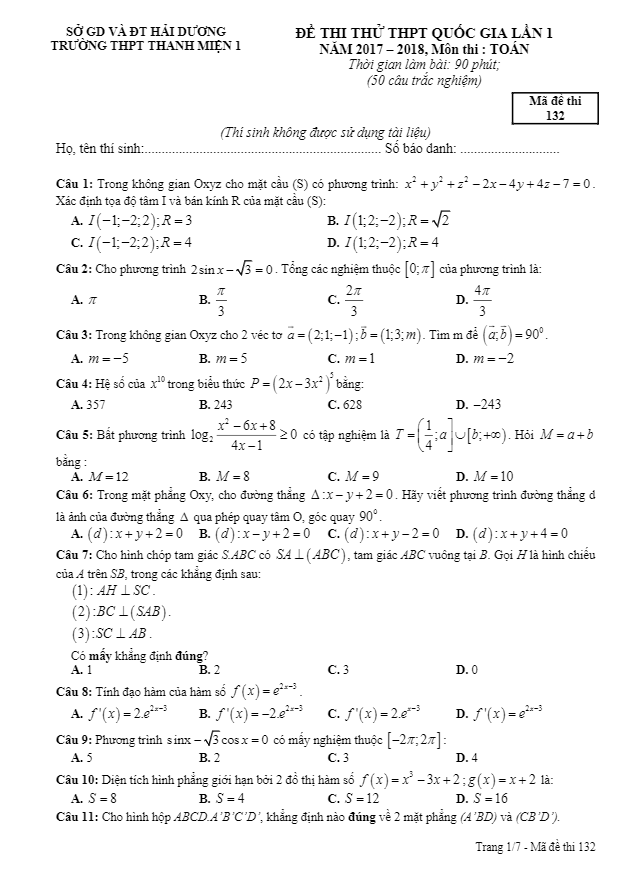 đề thi thử môn toán 2018 thpt quốc gia trường thpt thanh miện 1 – hải dương lần 1