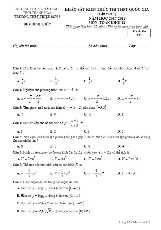 đề thi thử môn toán 2018 thpt quốc gia trường thpt triệu sơn 3 – thanh hóa lần 1