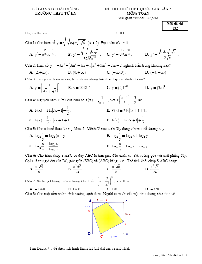 đề thi thử môn toán 2018 thpt quốc gia trường thpt tứ kỳ – hải dương lần 2
