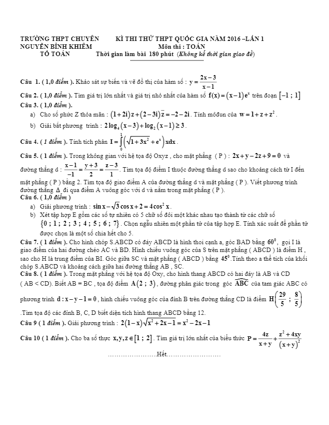 đề thi thử quốc gia 2016 môn toán chuyên nguyễn bỉnh khiêm – vĩnh long