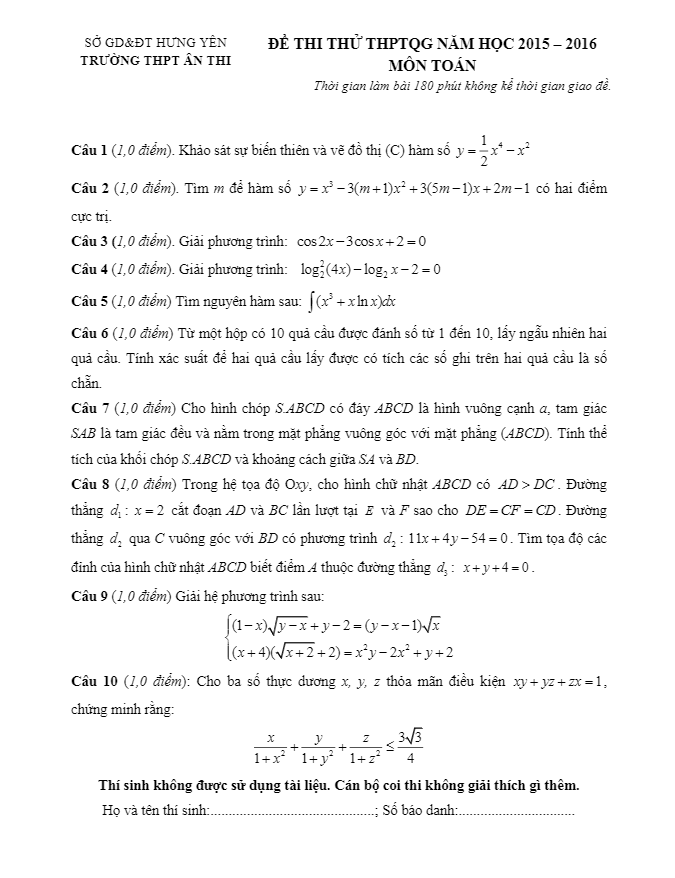 đề thi thử quốc gia 2016 môn toán trường ân thi – hưng yên lần 1