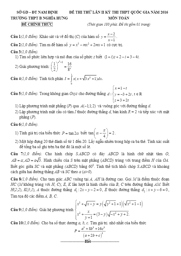 đề thi thử quốc gia 2016 môn toán trường b nghĩa hưng – nam định lần 2