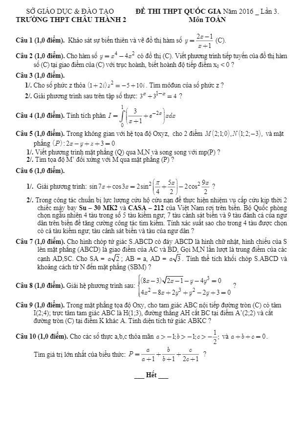 đề thi thử quốc gia 2016 môn toán trường châu thành 2 – đồng tháp lần 3
