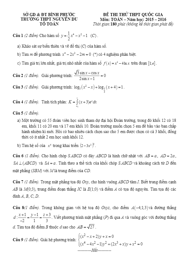đề thi thử quốc gia 2016 môn toán trường chuyên nguyễn du – bình phước