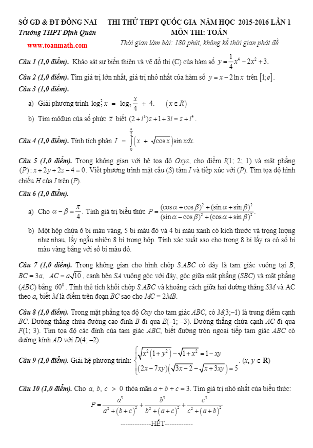 đề thi thử quốc gia 2016 môn toán trường định quán – đồng nai lần 1