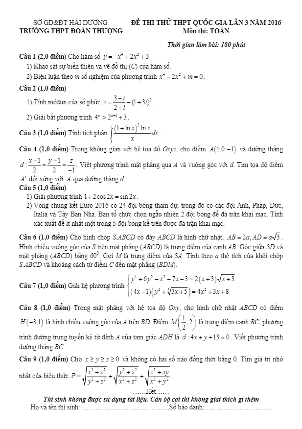 đề thi thử quốc gia 2016 môn toán trường đoàn thượng – hải dương lần 3