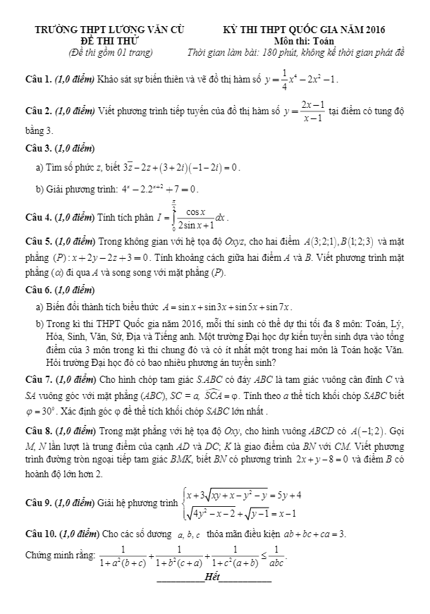 đề thi thử quốc gia 2016 môn toán trường lương văn cù – an giang