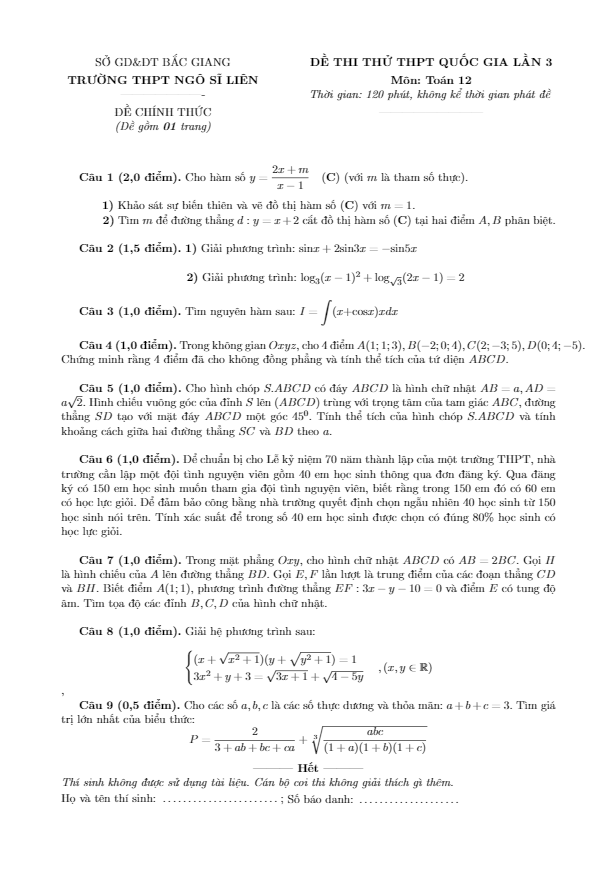 đề thi thử quốc gia 2016 môn toán trường ngô sĩ liên – bắc giang lần 3