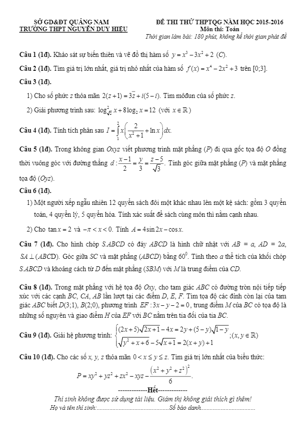 đề thi thử quốc gia 2016 môn toán trường nguyễn duy hiệu – quảng nam