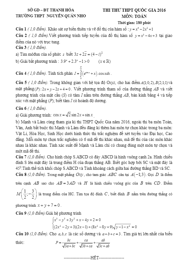 đề thi thử quốc gia 2016 môn toán trường nguyễn quán nho – thanh hóa
