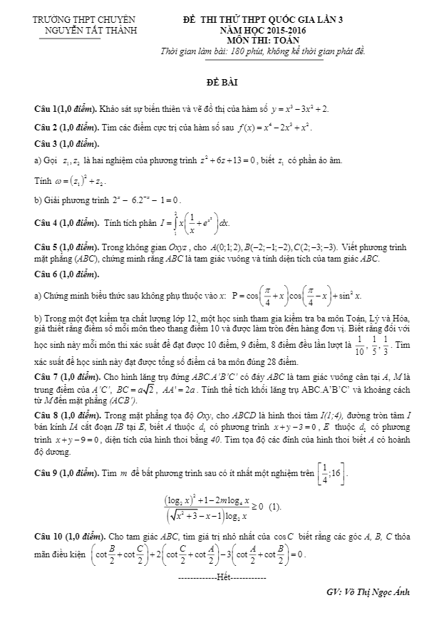 đề thi thử quốc gia 2016 môn toán trường nguyễn tất thành – kon tum lần 3