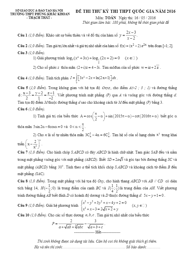 đề thi thử quốc gia 2016 môn toán trường phùng khắc khoan – hà nội