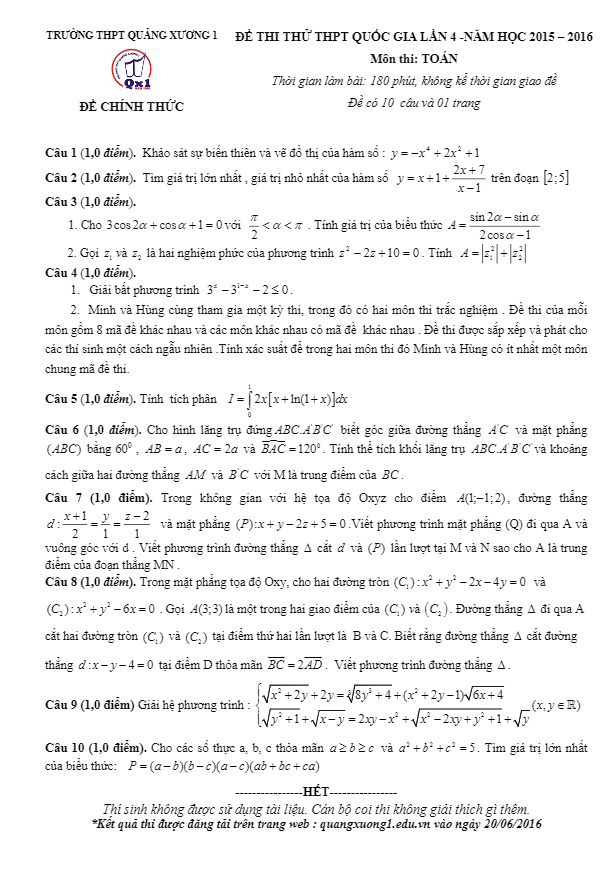 đề thi thử quốc gia 2016 môn toán trường quảng xương 1 – thanh hóa lần 4