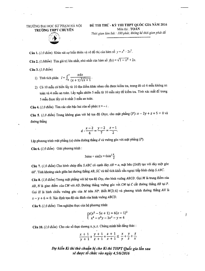 đề thi thử quốc gia 2016 môn toán trường thpt chuyên đhsp hà nội lần 4