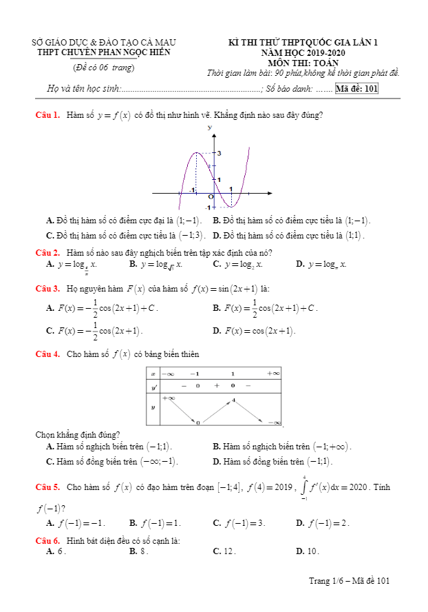 đề thi thử thpt 2020 môn toán lần 1 trường chuyên phan ngọc hiển – cà mau