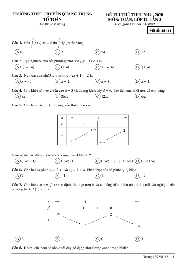 đề thi thử thpt 2020 môn toán lần 3 trường chuyên quang trung – bình phước