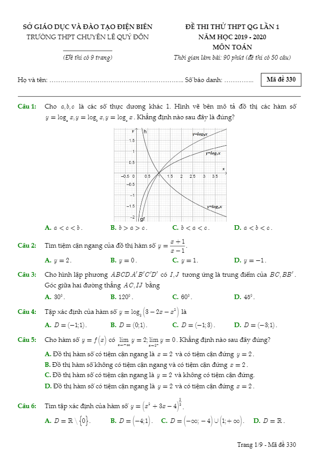 đề thi thử thpt qg 2020 môn toán lần 1 trường chuyên lê quý đôn – điện biên
