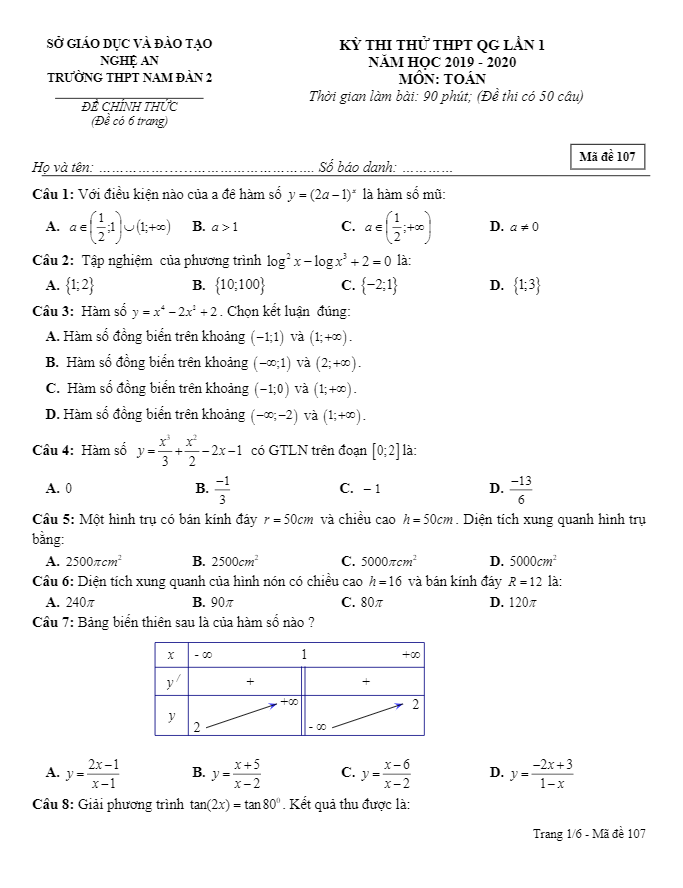 đề thi thử thpt qg 2020 môn toán lần 1 trường thpt nam đàn 2 – nghệ an