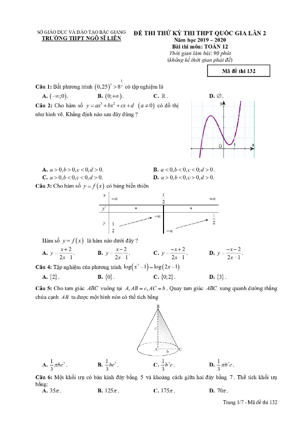 đề thi thử thpt qg 2020 môn toán lần 2 trường ngô sĩ liên – bắc giang