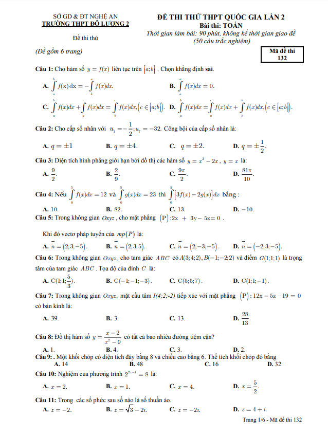 đề thi thử thpt qg 2021 môn toán lần 2 trường thpt đô lương 2 – nghệ an