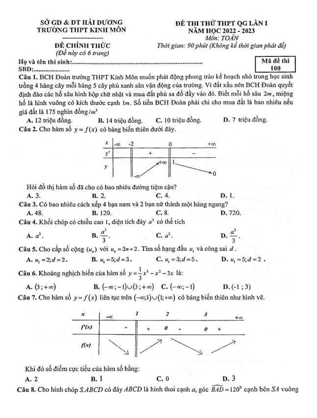 đề thi thử thpt qg 2023 môn toán lần 1 trường thpt kinh môn – hải dương