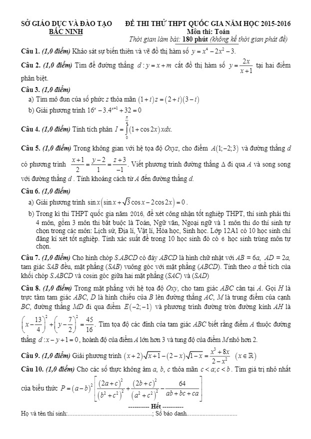 đề thi thử thpt quốc gia 2016 môn toán sở gd và đt bắc ninh