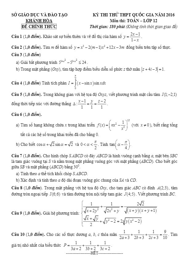 đề thi thử thpt quốc gia 2016 môn toán sở gd và đt khánh hòa