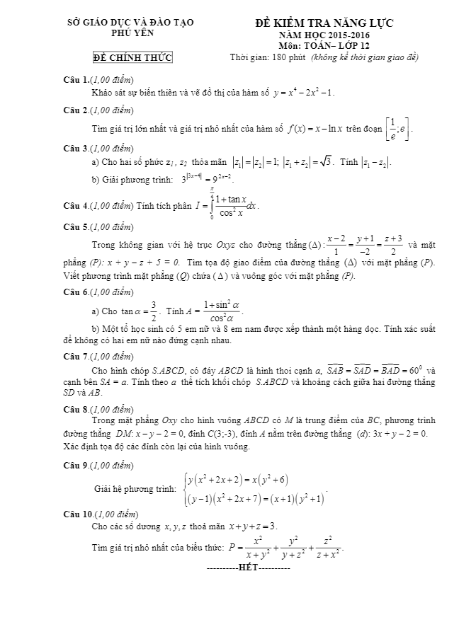 đề thi thử thpt quốc gia 2016 môn toán sở gd và đt phú yên