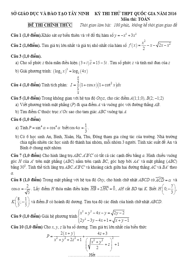 đề thi thử thpt quốc gia 2016 môn toán sở gd và đt tây ninh