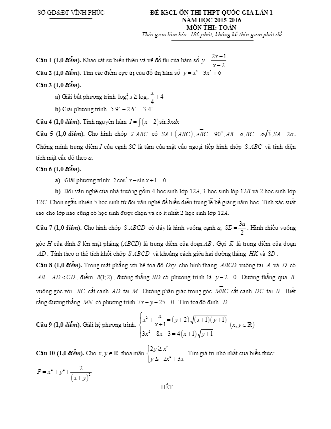 đề thi thử thpt quốc gia 2016 môn toán sở gd và đt vĩnh phúc lần 1