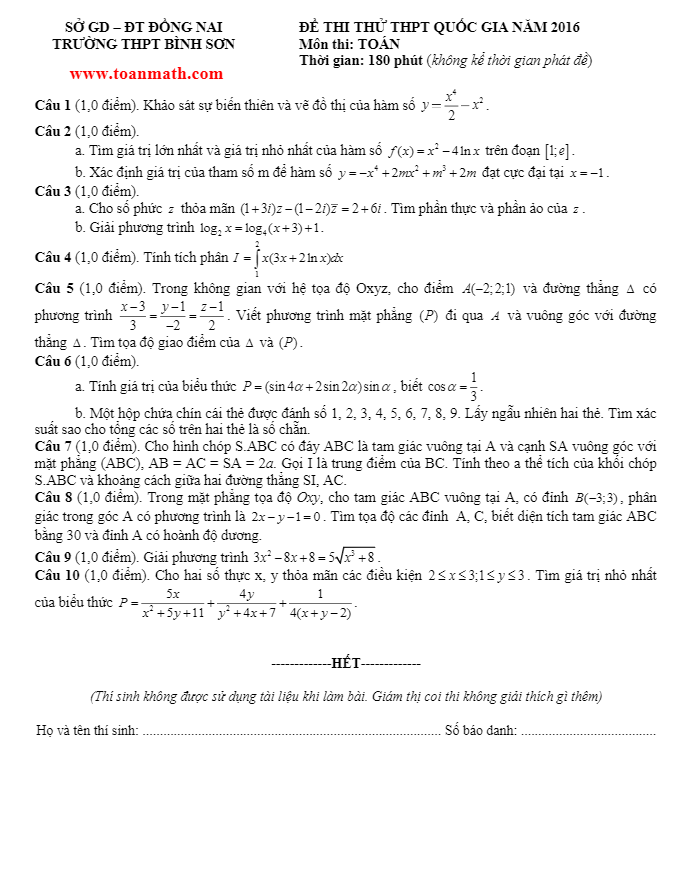 đề thi thử thpt quốc gia 2016 môn toán trường bình sơn – đồng nai