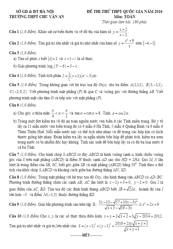 đề thi thử thpt quốc gia 2016 môn toán trường chu văn an – hà nội