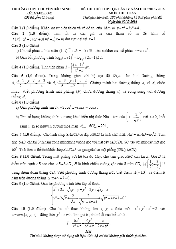 đề thi thử thpt quốc gia 2016 môn toán trường chuyên bắc ninh lần 4