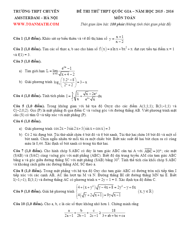 đề thi thử thpt quốc gia 2016 môn toán trường chuyên hà nội – amsterdam