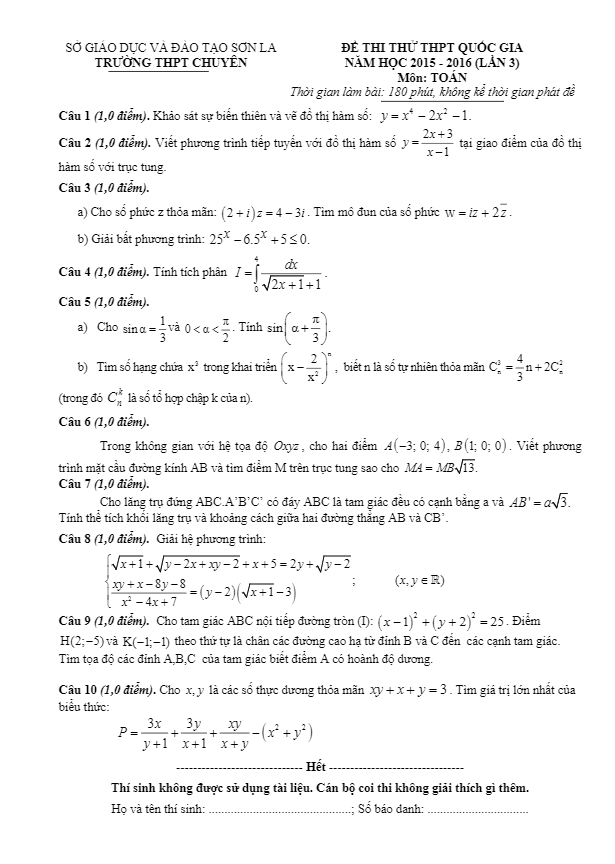 đề thi thử thpt quốc gia 2016 môn toán trường chuyên sơn la lần 3