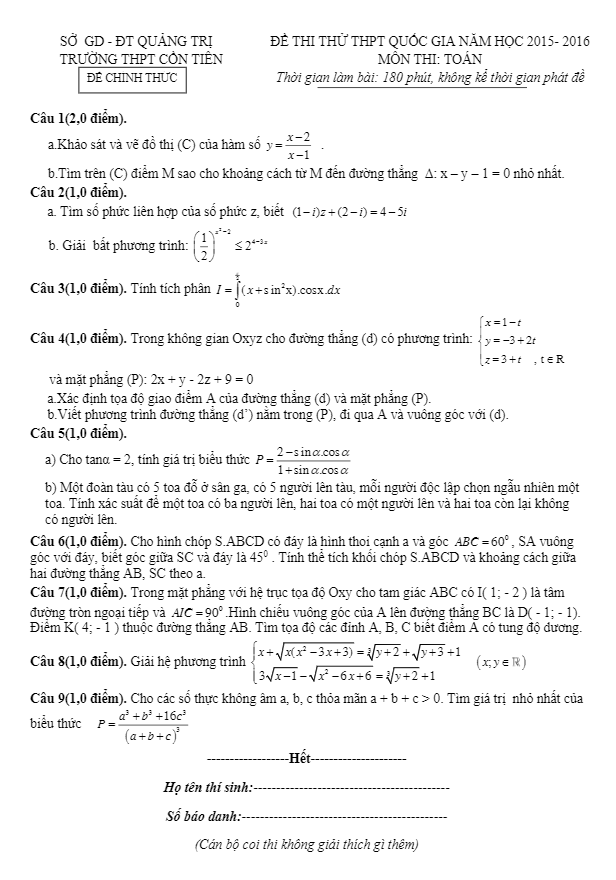 đề thi thử thpt quốc gia 2016 môn toán trường cồn tiên – quảng trị