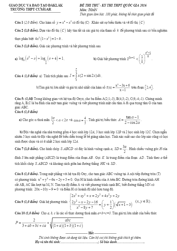 đề thi thử thpt quốc gia 2016 môn toán trường cưmgar – đăklăk