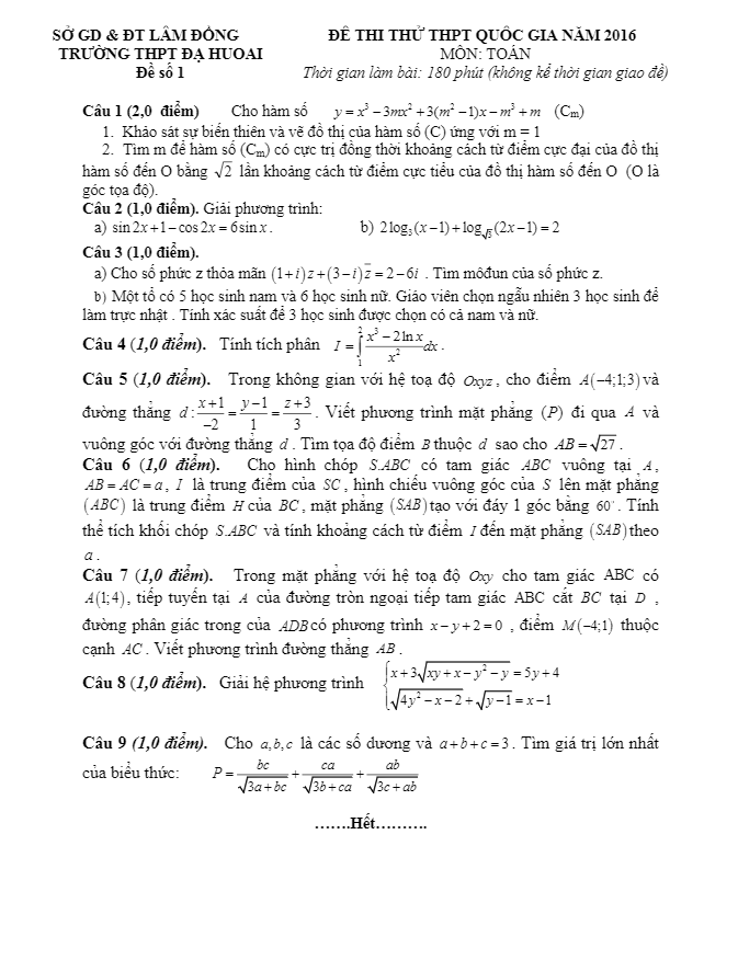 đề thi thử thpt quốc gia 2016 môn toán trường đạ huoai – lâm đồng