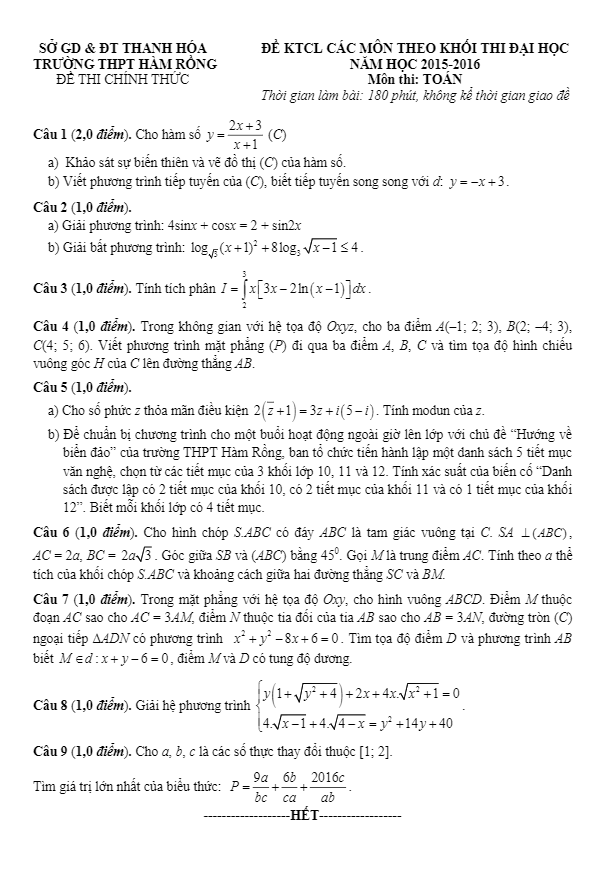 đề thi thử thpt quốc gia 2016 môn toán trường hàm rồng – thanh hóa