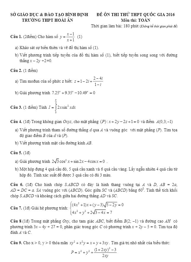 đề thi thử thpt quốc gia 2016 môn toán trường hoài ân – bình định