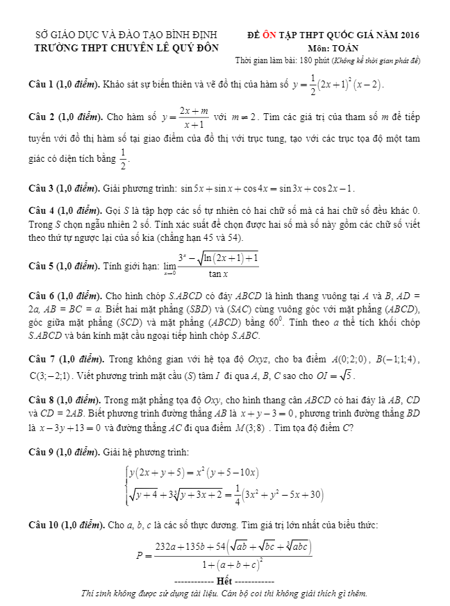 đề thi thử thpt quốc gia 2016 môn toán trường lê quý đôn – bình định