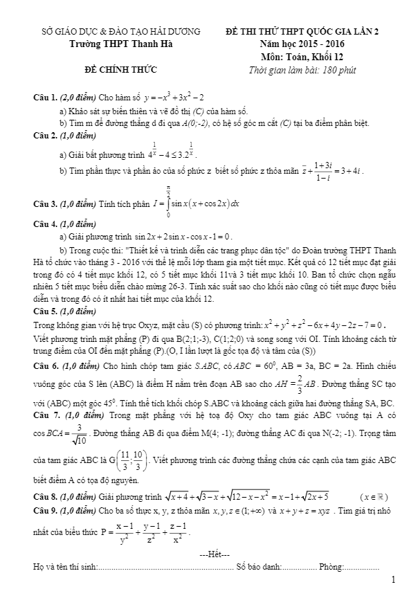 đề thi thử thpt quốc gia 2016 môn toán trường thanh hà – hải dương lần 2